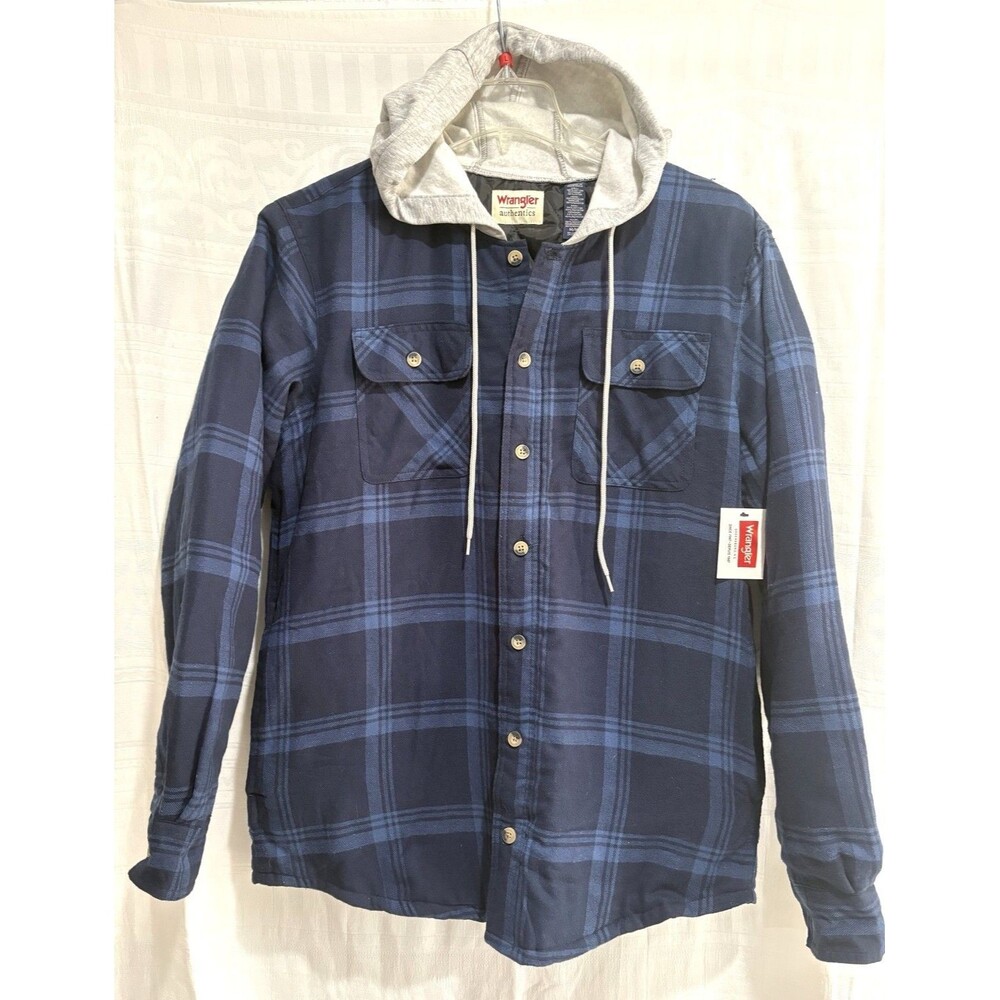 NWT Wrangler Authentics Hooded Shirt Jacket Mens Medium Blue Plaid Quilted Shack